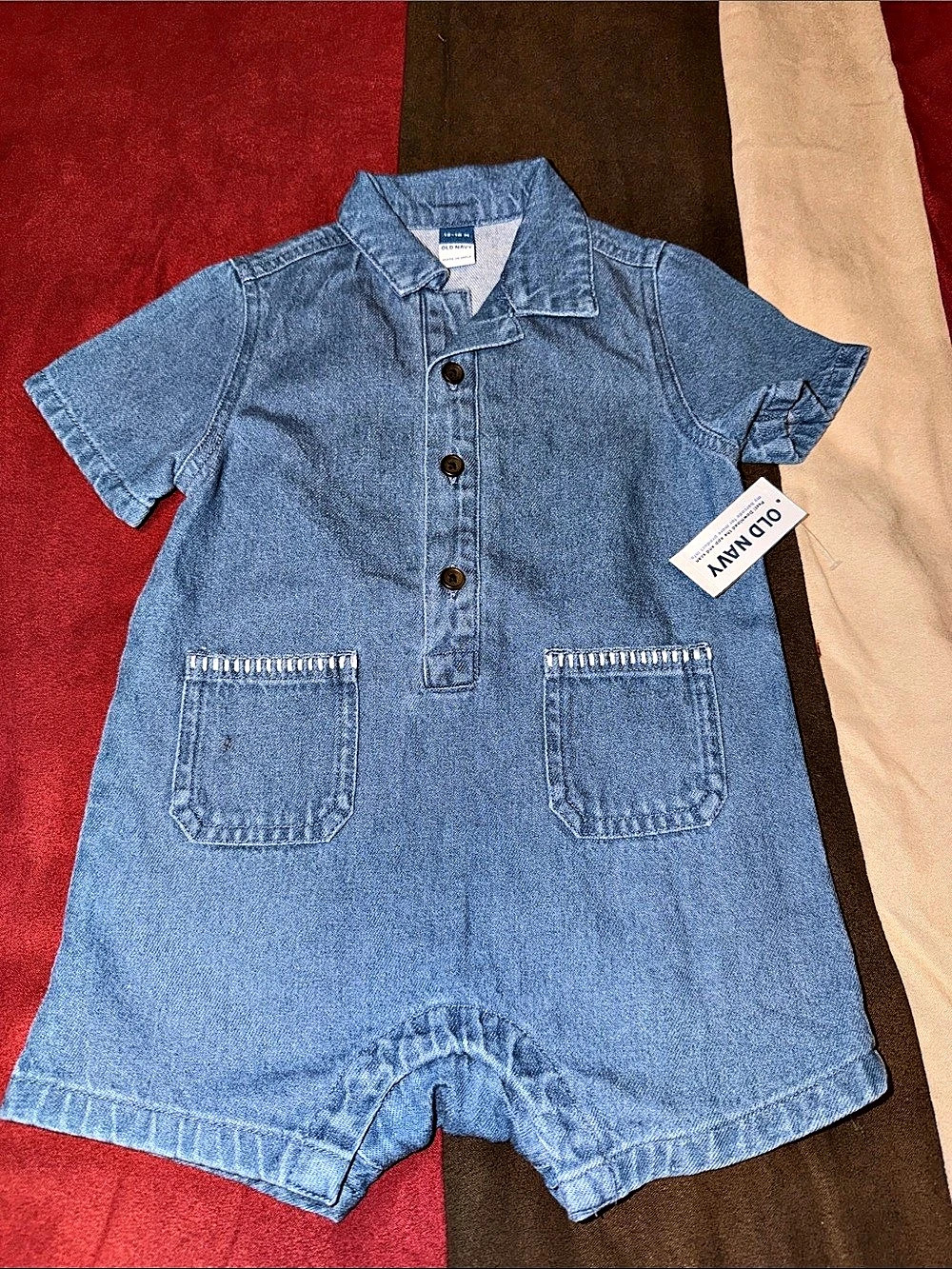 Old Navy American Flag Denim Romper Blue & Red Girls 12-18M